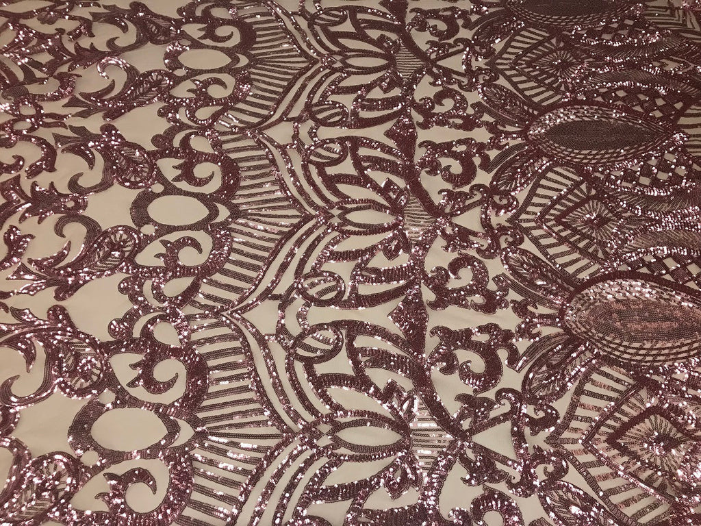 Dusty Rose - 4 Way Stretch Embroidered Royalty Sequins Fancy Design Fabric By Yard