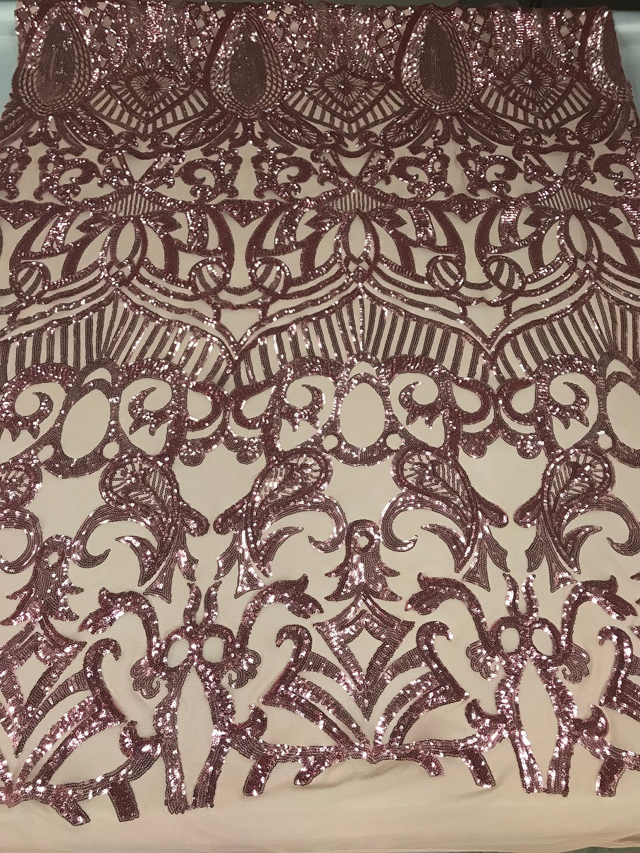 Dusty Rose - 4 Way Stretch Embroidered Royalty Sequins Fancy Design Fabric By Yard