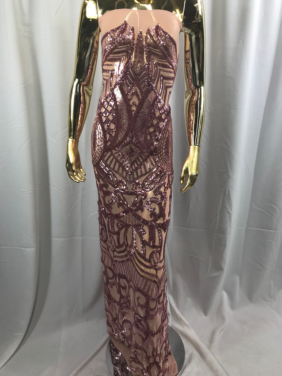 Dusty Rose - 4 Way Stretch Embroidered Royalty Sequins Fancy Design Fabric By Yard