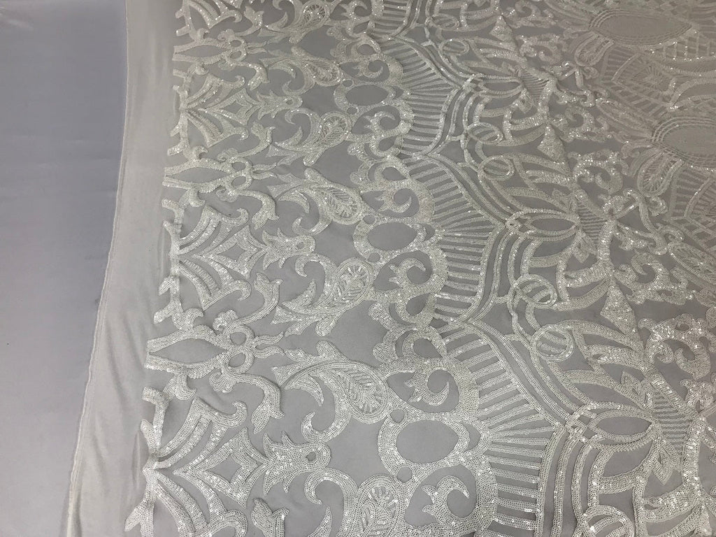 White - 4 Way Stretch Embroidered Royalty Sequins Design Fabric By Yard
