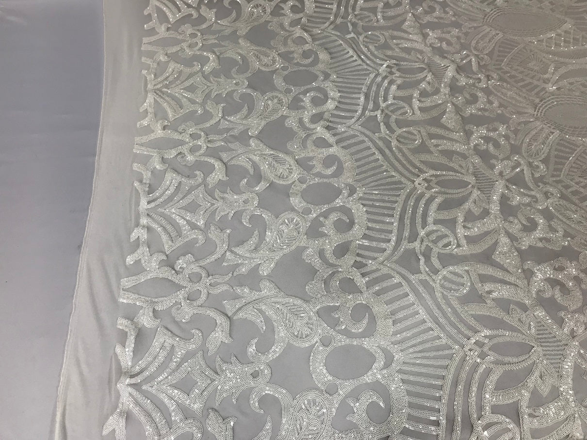 White - 4 Way Stretch Embroidered Royalty Sequins Design Fabric By Yard