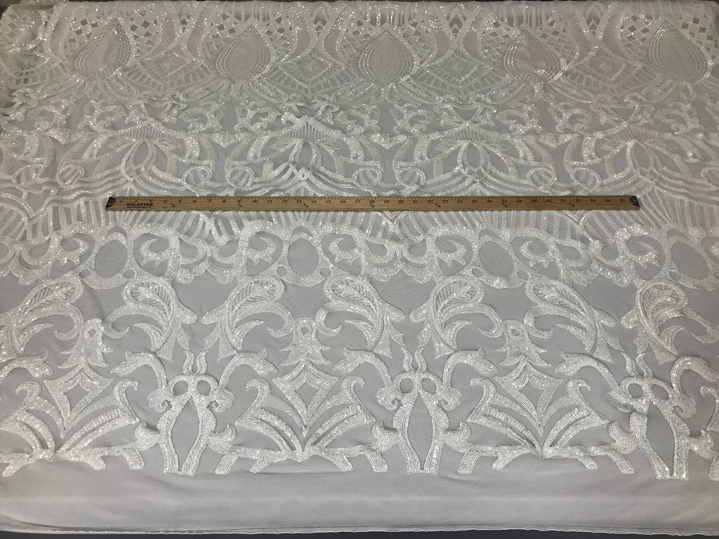 White - 4 Way Stretch Embroidered Royalty Sequins Design Fabric By Yard