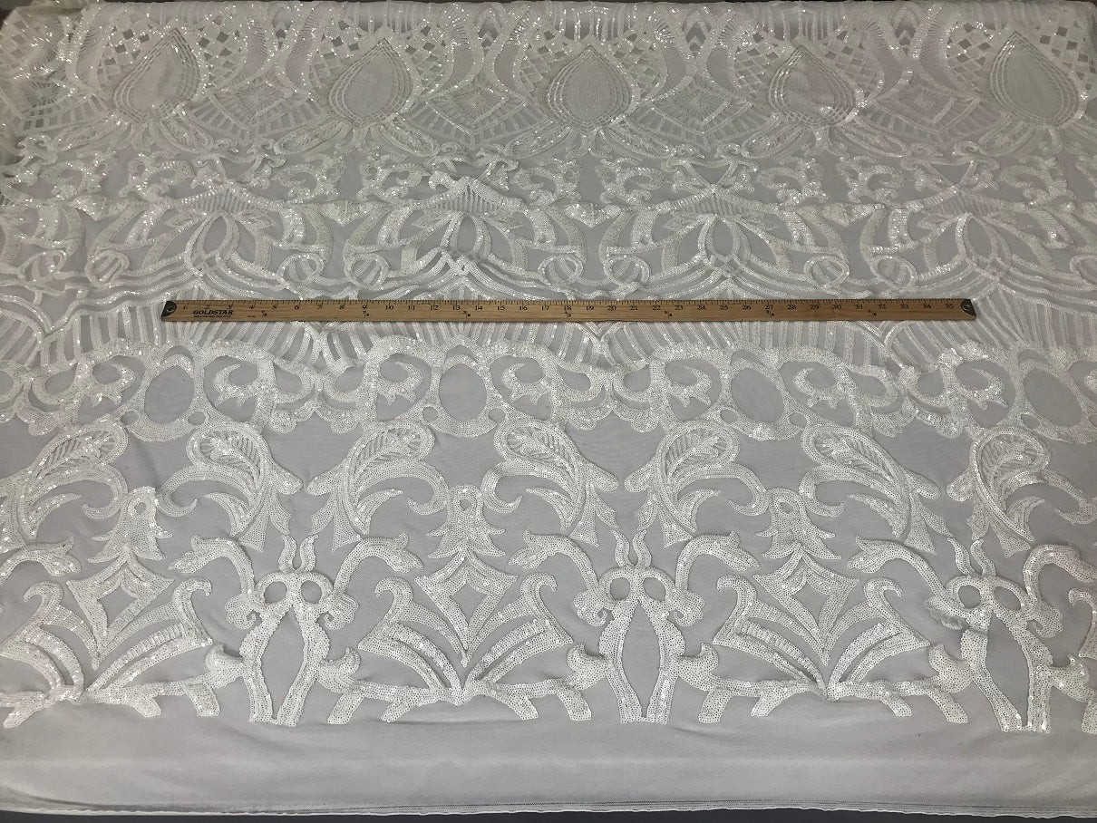 White - 4 Way Stretch Embroidered Royalty Sequins Design Fabric By Yard