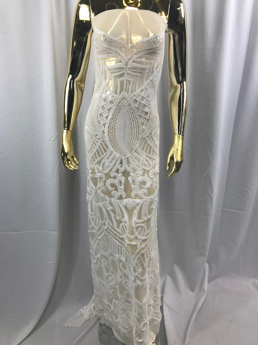 White - 4 Way Stretch Embroidered Royalty Sequins Design Fabric By Yard