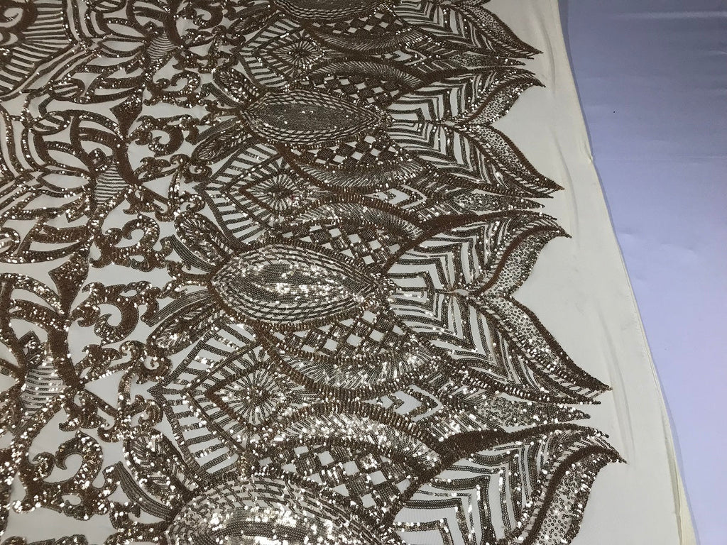 Champagne - 4 Way Stretch Embroidered Royalty Sequins Fancy Design Fabric By Yard