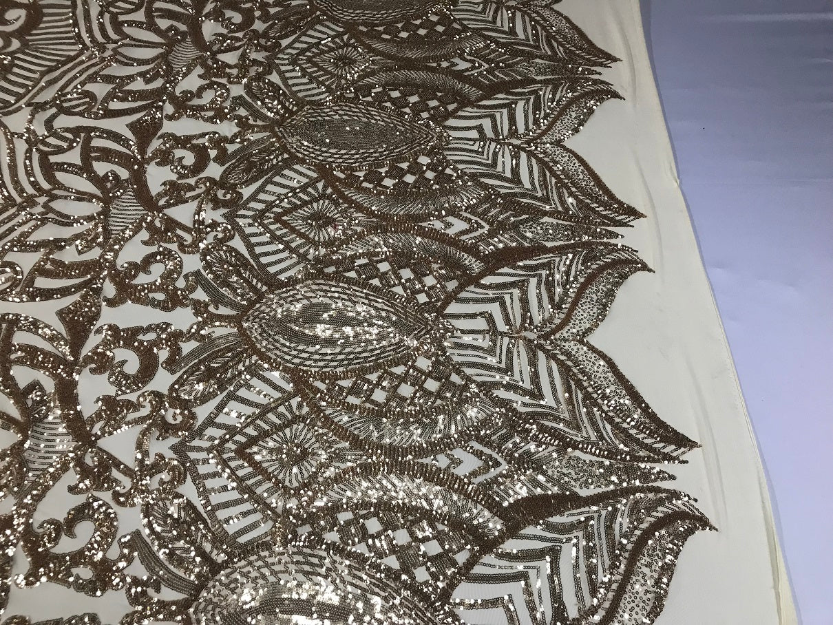 Champagne - 4 Way Stretch Embroidered Royalty Sequins Fancy Design Fabric By Yard