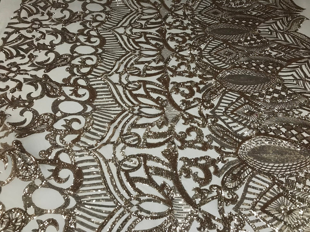 Champagne - 4 Way Stretch Embroidered Royalty Sequins Fancy Design Fabric By Yard