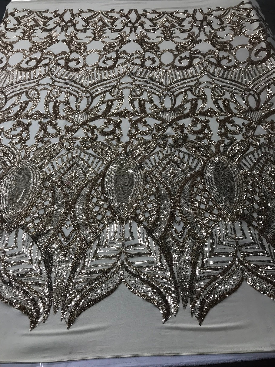 Champagne - 4 Way Stretch Embroidered Royalty Sequins Fancy Design Fabric By Yard