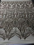 Champagne - 4 Way Stretch Embroidered Royalty Sequins Fancy Design Fabric By Yard