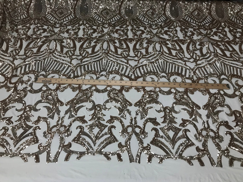 Champagne - 4 Way Stretch Embroidered Royalty Sequins Fancy Design Fabric By Yard