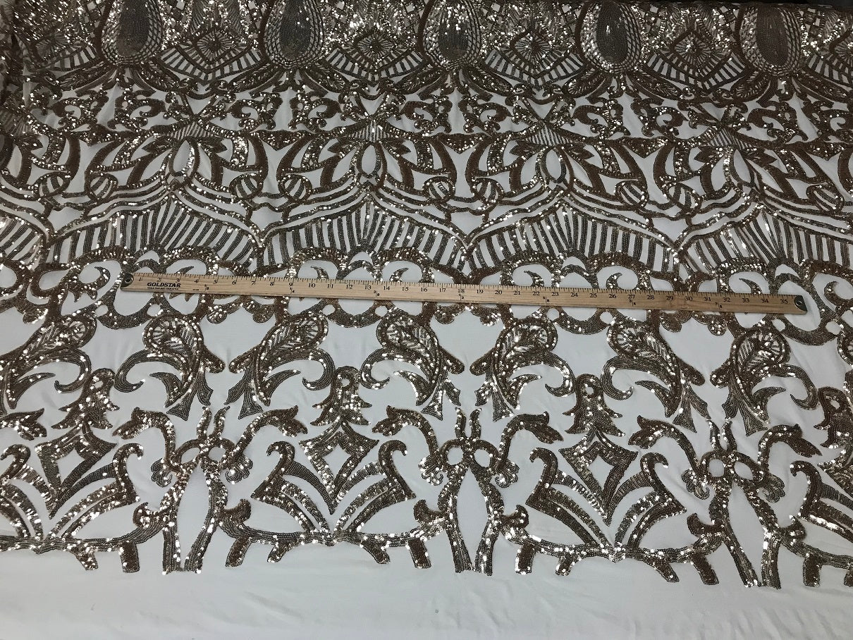 Champagne - 4 Way Stretch Embroidered Royalty Sequins Fancy Design Fabric By Yard