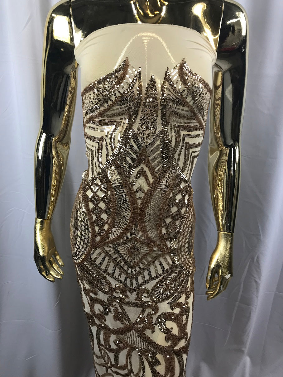 Champagne - 4 Way Stretch Embroidered Royalty Sequins Fancy Design Fabric By Yard