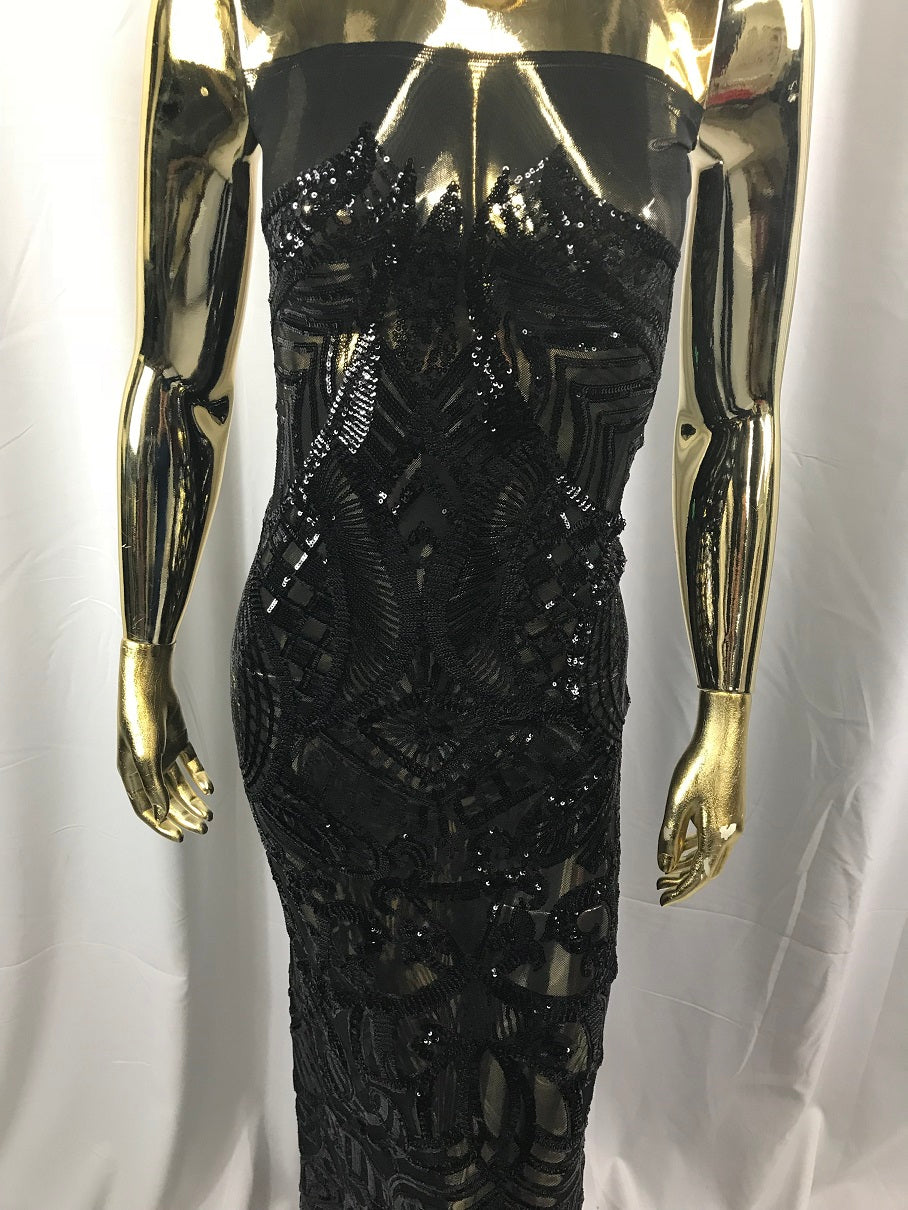 Black  - 4 Way Stretch Embroidered Royalty Sequins Fancy Design Fabric By Yard