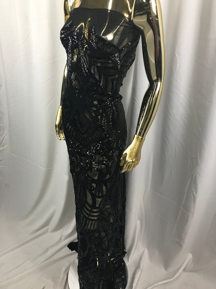 Black  - 4 Way Stretch Embroidered Royalty Sequins Fancy Design Fabric By Yard