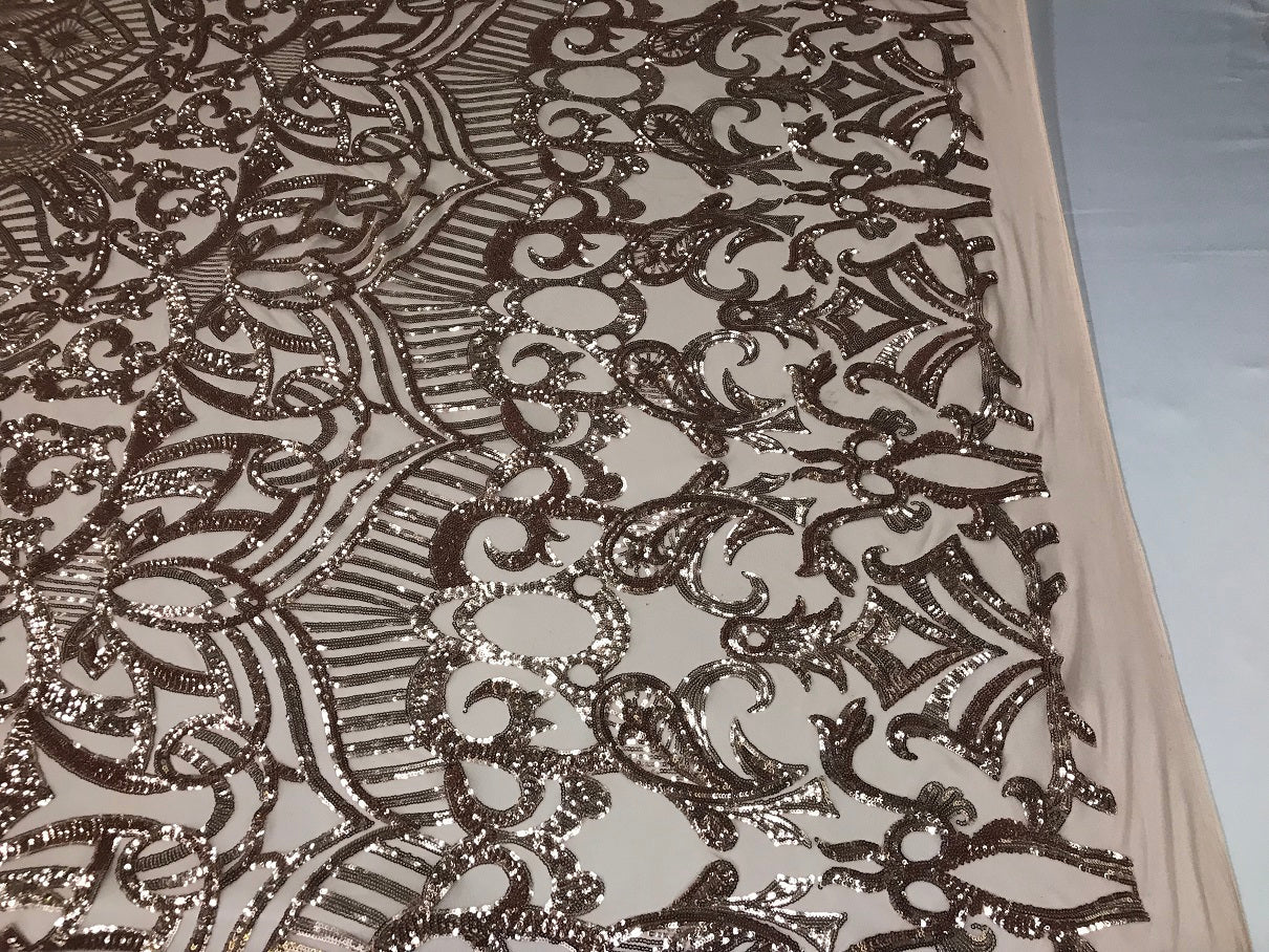 Blush - 4 Way Stretch Embroidered Royalty Sequins Fancy Design Fabric By Yard