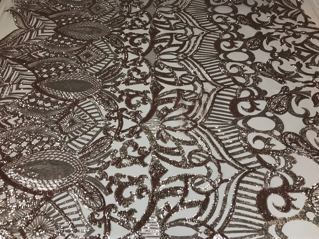 Blush - 4 Way Stretch Embroidered Royalty Sequins Fancy Design Fabric By Yard