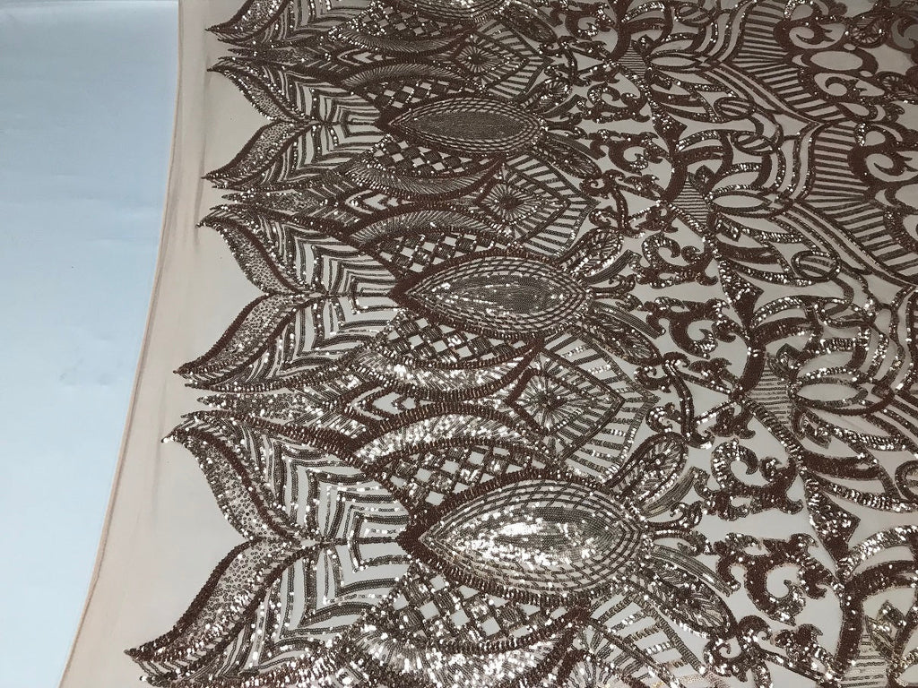 Blush - 4 Way Stretch Embroidered Royalty Sequins Fancy Design Fabric By Yard