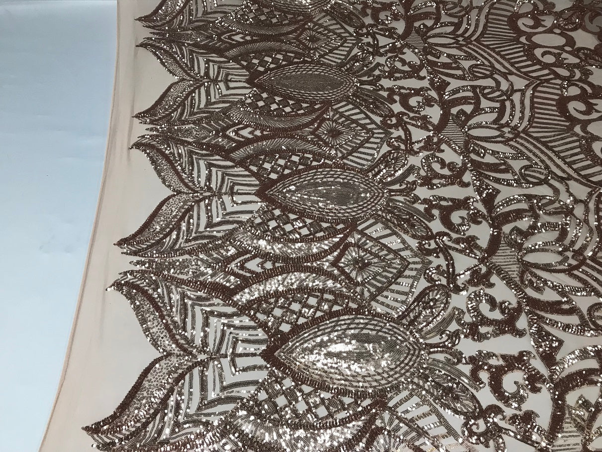 Blush - 4 Way Stretch Embroidered Royalty Sequins Fancy Design Fabric By Yard
