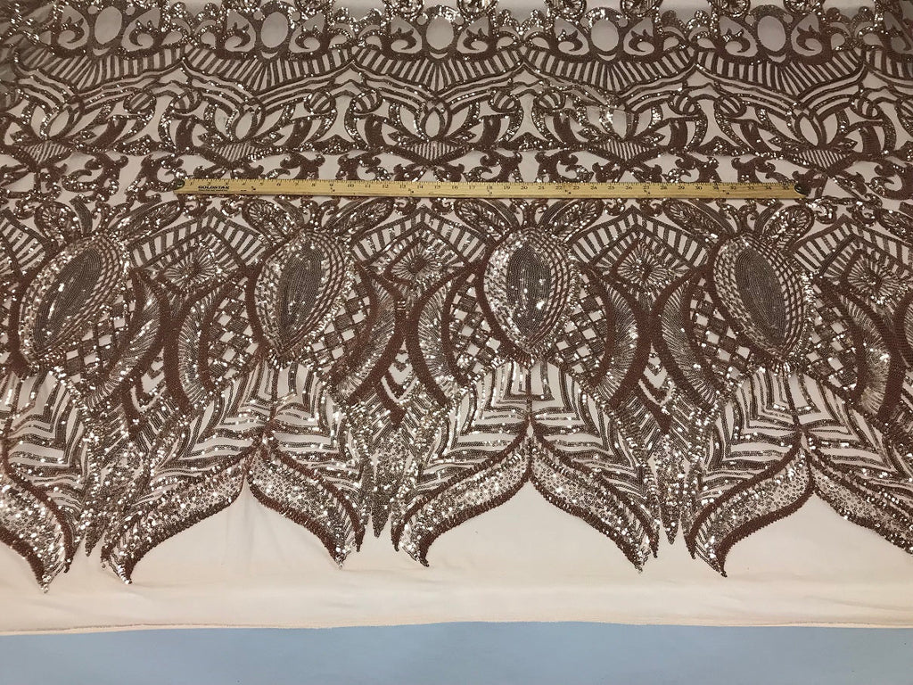 Blush - 4 Way Stretch Embroidered Royalty Sequins Fancy Design Fabric By Yard