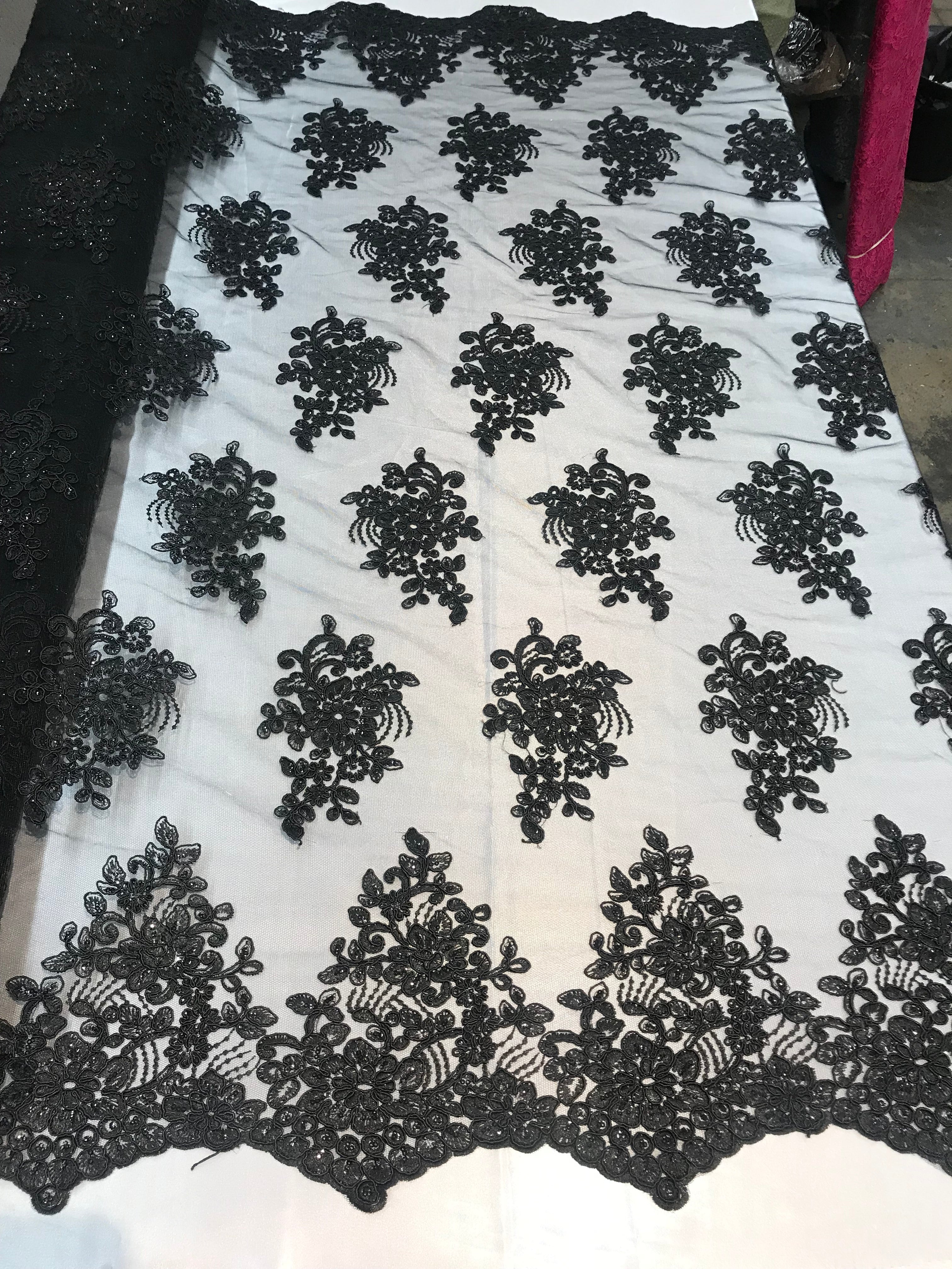 Flower Lace Fabric - Black - Floral Clusters Embroidered Lace Mesh Fabric Sold By The Yard