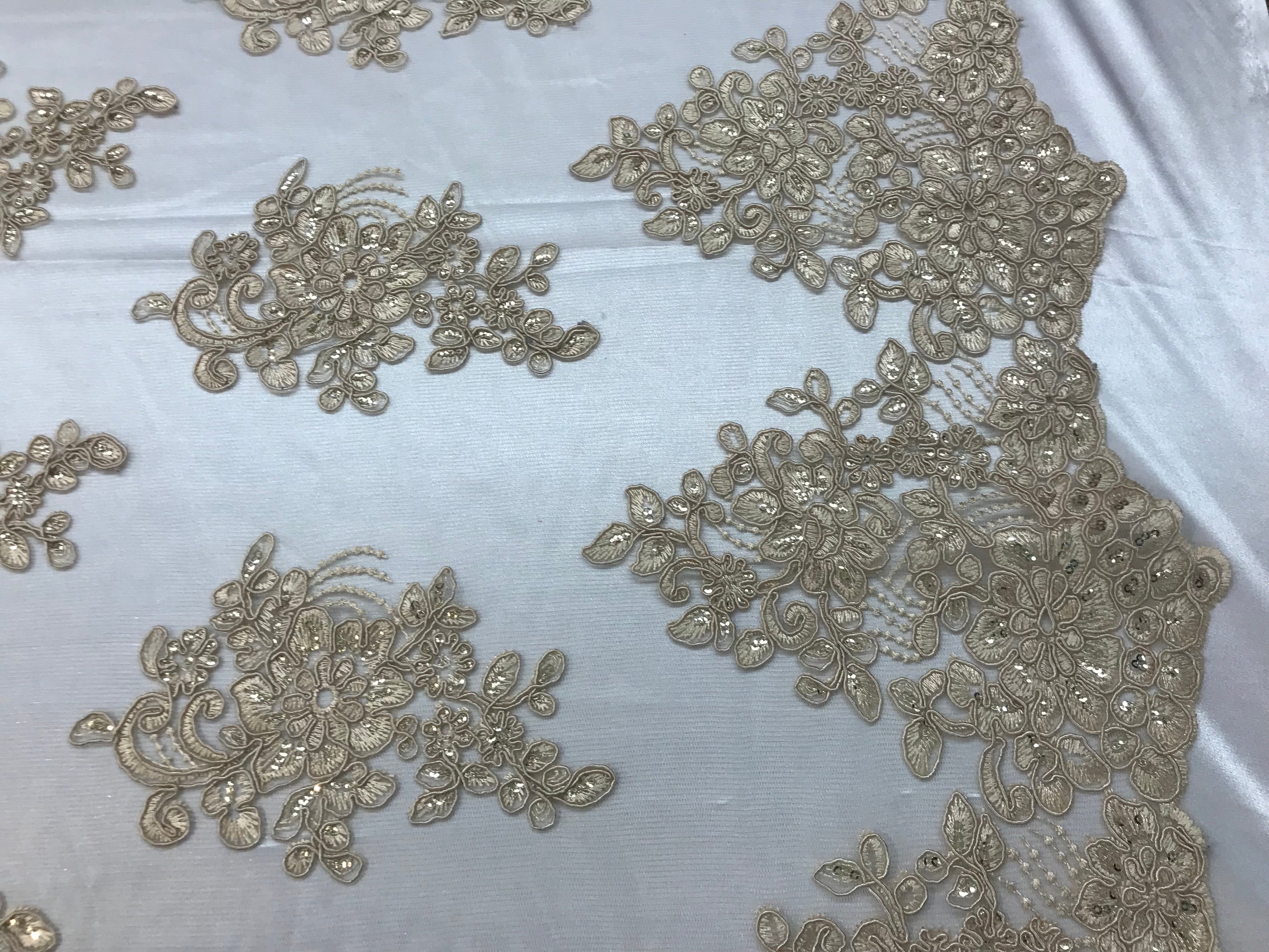 Flower Lace Fabric - Champagne - Floral Clusters Embroidered Lace Mesh Fabric Sold By The Yard