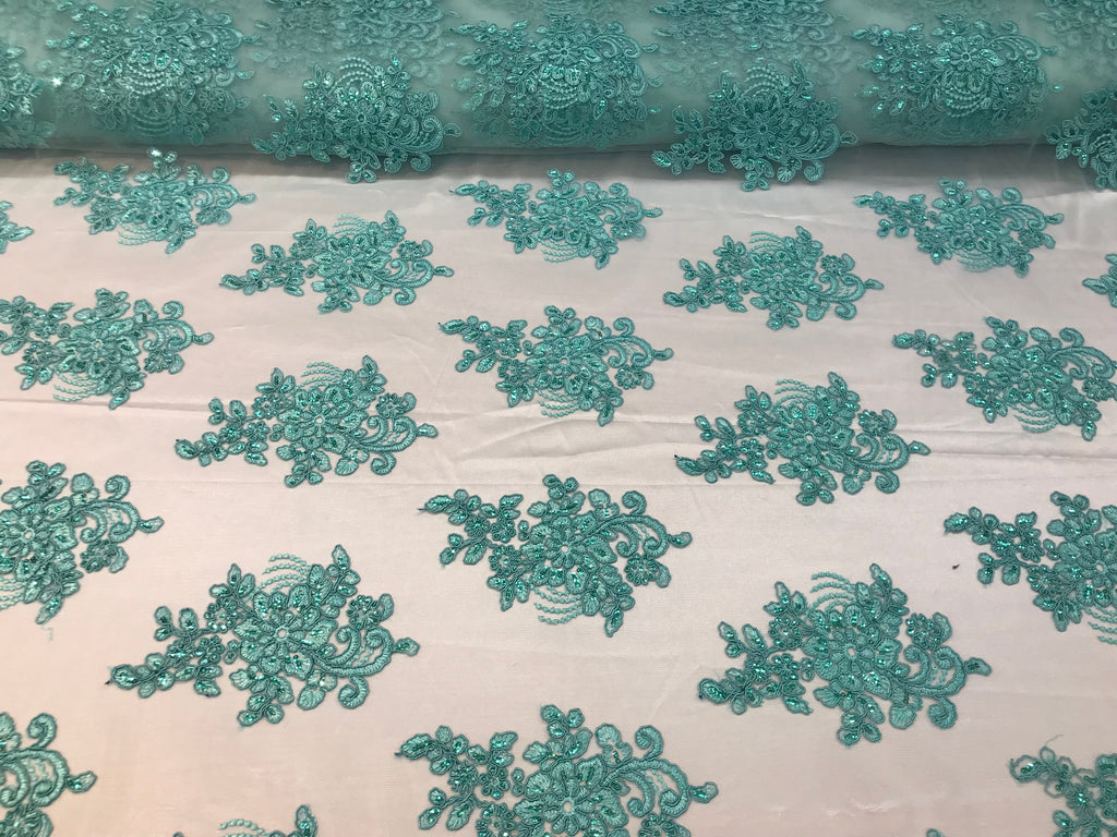 Flower Lace Fabric - Mint - Floral Clusters Embroidered Lace Mesh Fabric Sold By The Yard