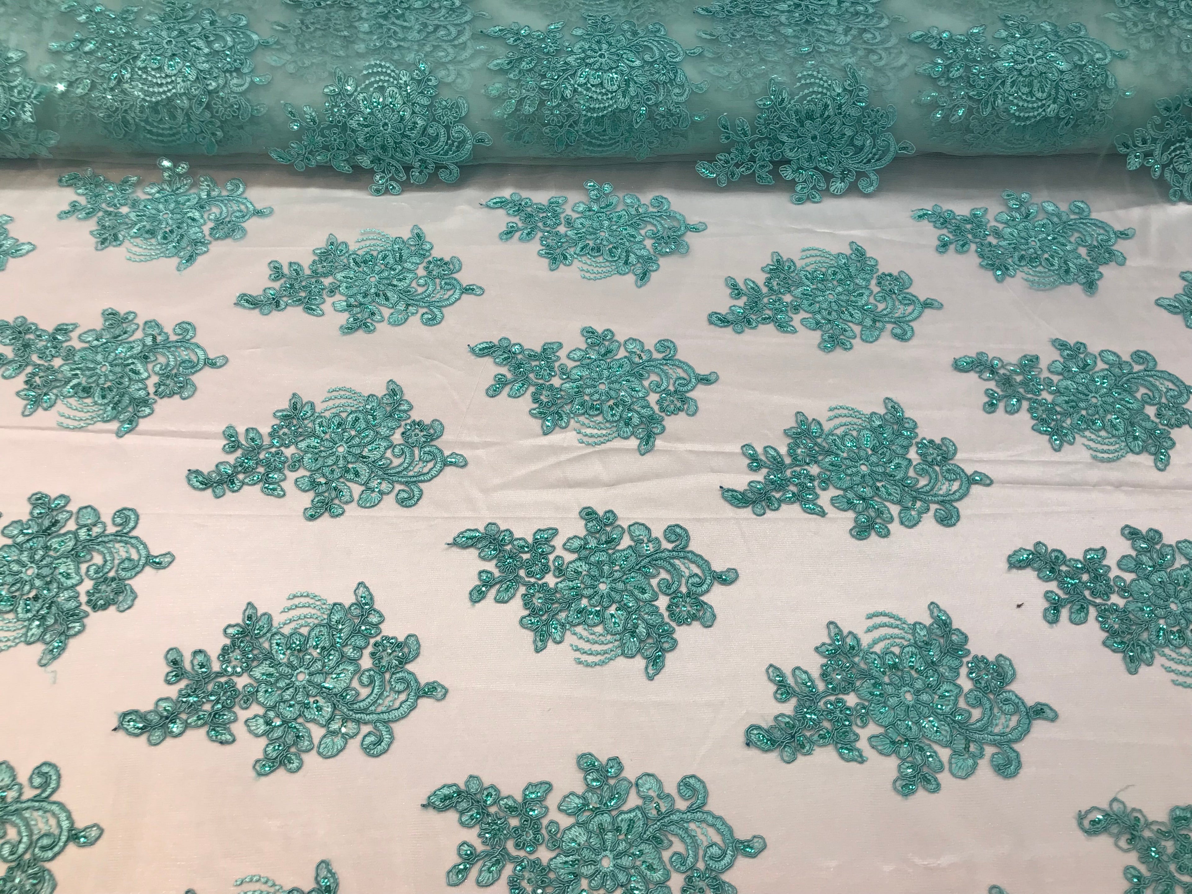 Flower Lace Fabric - Mint - Floral Clusters Embroidered Lace Mesh Fabric Sold By The Yard