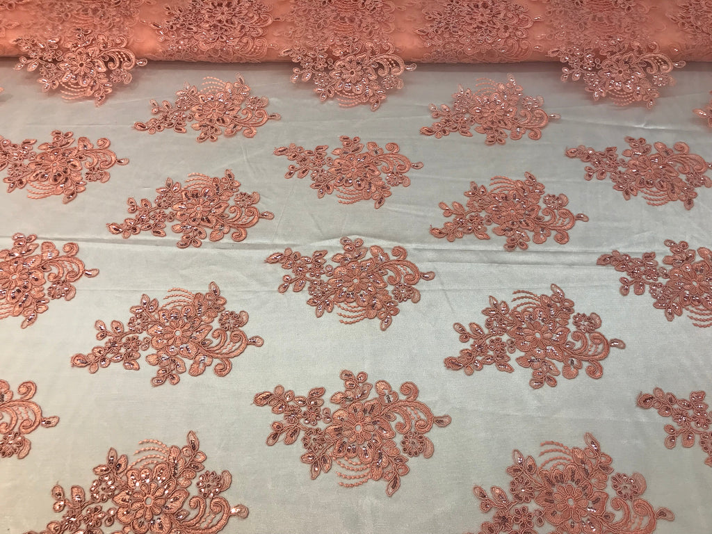 Flower Lace Fabric - Coral - Floral Clusters Embroidered Lace Mesh Fabric Sold By The Yard