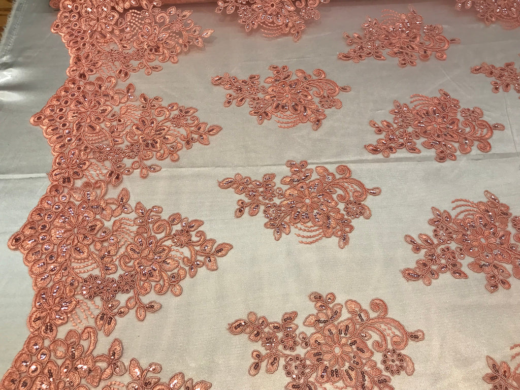 Flower Lace Fabric - Coral - Floral Clusters Embroidered Lace Mesh Fabric Sold By The Yard