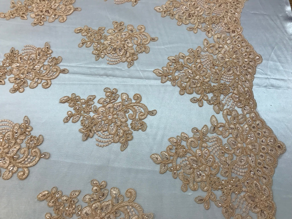Flower Lace Fabric - Peach - Floral Clusters Embroidered Lace Mesh Fabric Sold By The Yard