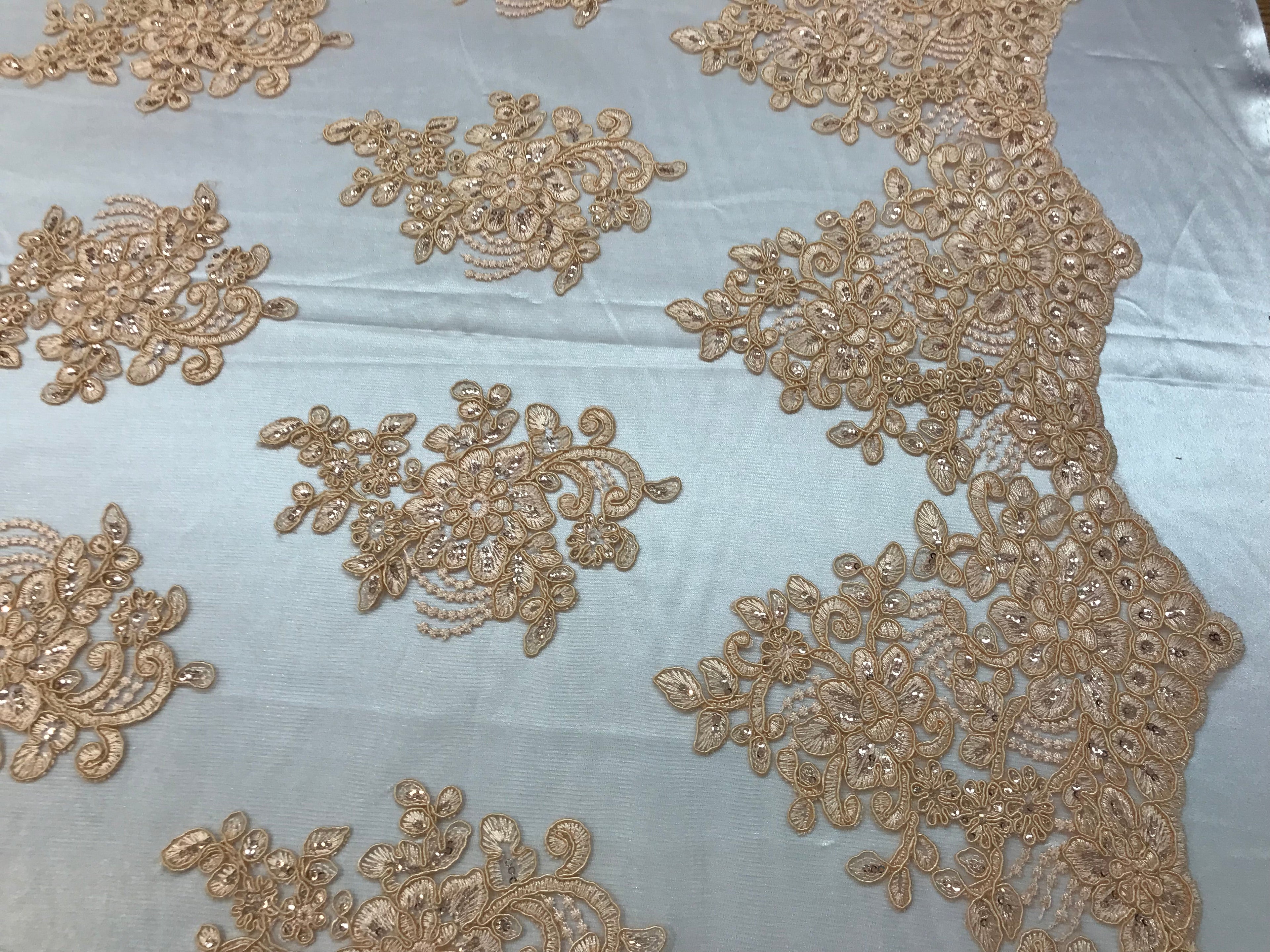 Flower Lace Fabric - Peach - Floral Clusters Embroidered Lace Mesh Fabric Sold By The Yard