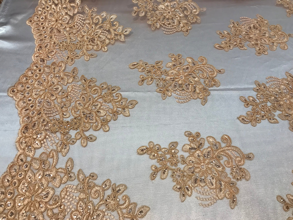 Flower Lace Fabric - Peach - Floral Clusters Embroidered Lace Mesh Fabric Sold By The Yard