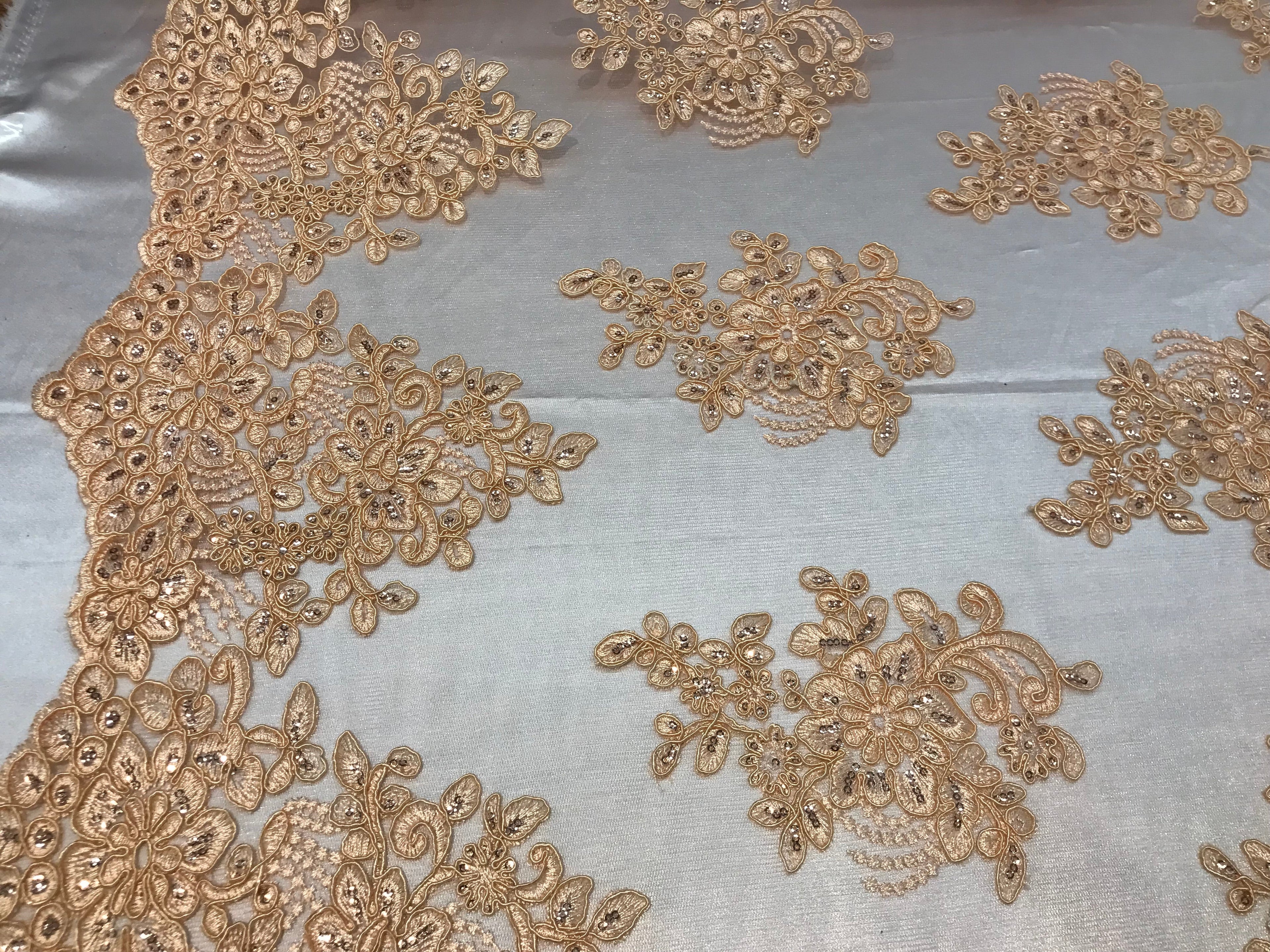 Flower Lace Fabric - Peach - Floral Clusters Embroidered Lace Mesh Fabric Sold By The Yard