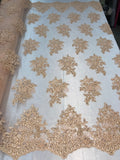 Flower Lace Fabric - Peach - Floral Clusters Embroidered Lace Mesh Fabric Sold By The Yard