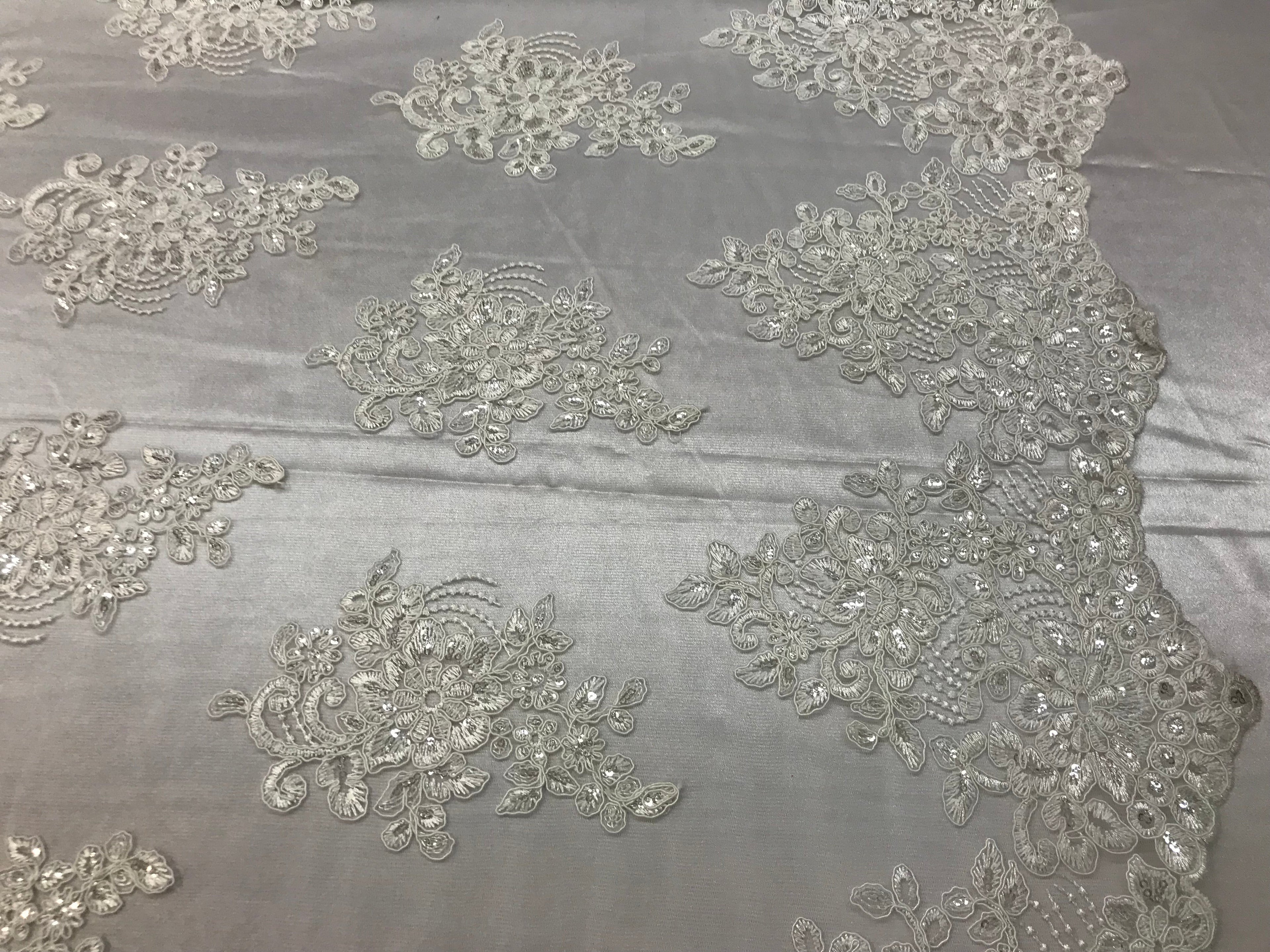 Flower Lace Fabric - Ivory - Floral Clusters Embroidered Lace Mesh Fabric Sold By The Yard