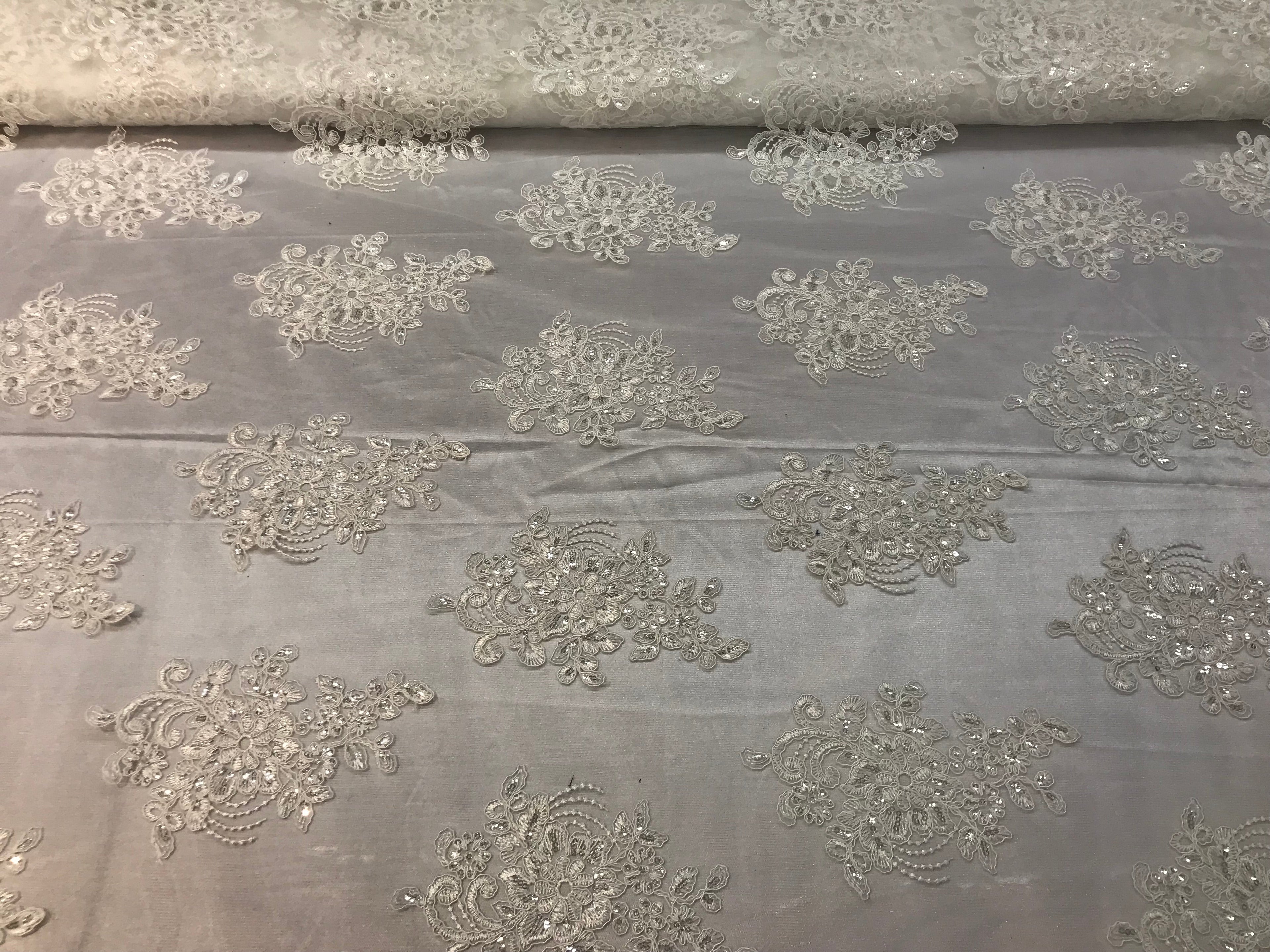 Flower Lace Fabric - Ivory - Floral Clusters Embroidered Lace Mesh Fabric Sold By The Yard