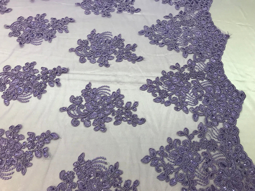 Flower Lace Fabric - Lilac - Floral Clusters Embroidered Lace Mesh Fabric Sold By The Yard