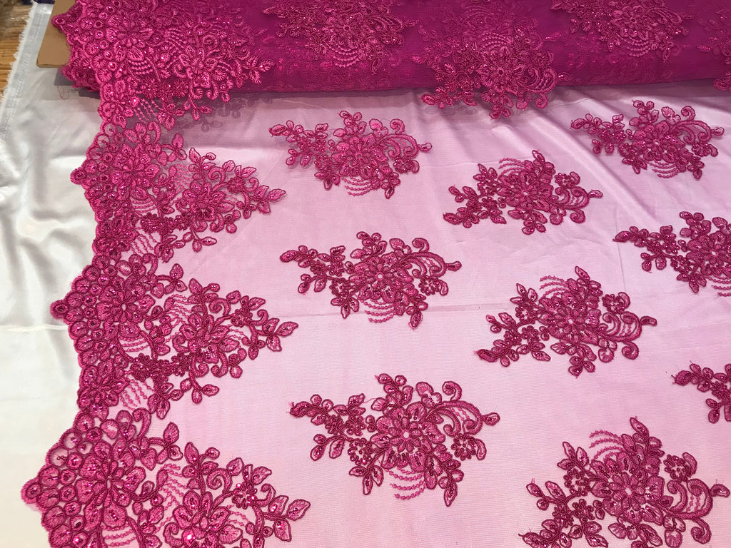 Flower Lace Fabric - Magenta - Floral Clusters Embroidered Lace Mesh Fabric Sold By The Yard