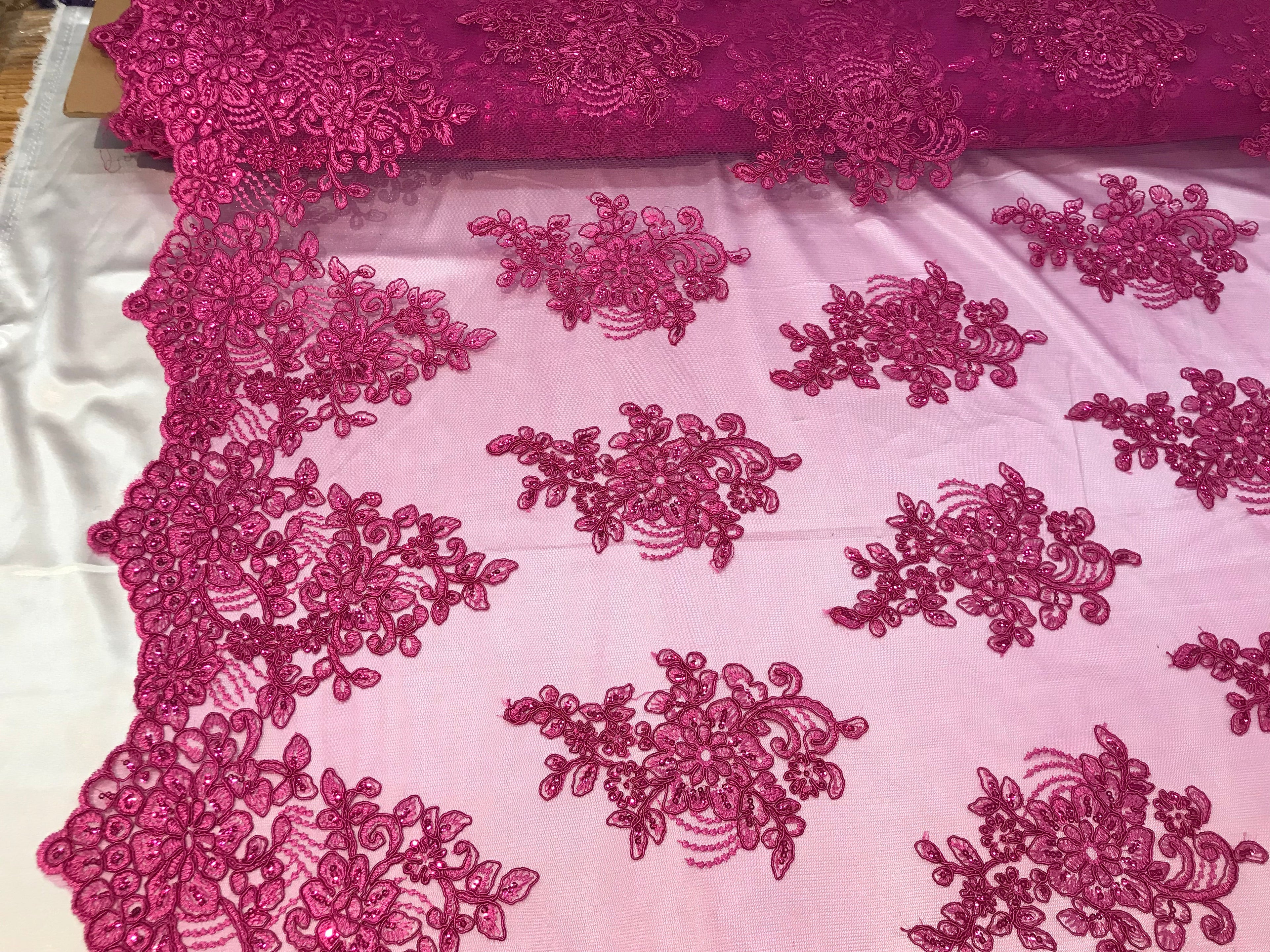 Flower Lace Fabric - Magenta - Floral Clusters Embroidered Lace Mesh Fabric Sold By The Yard