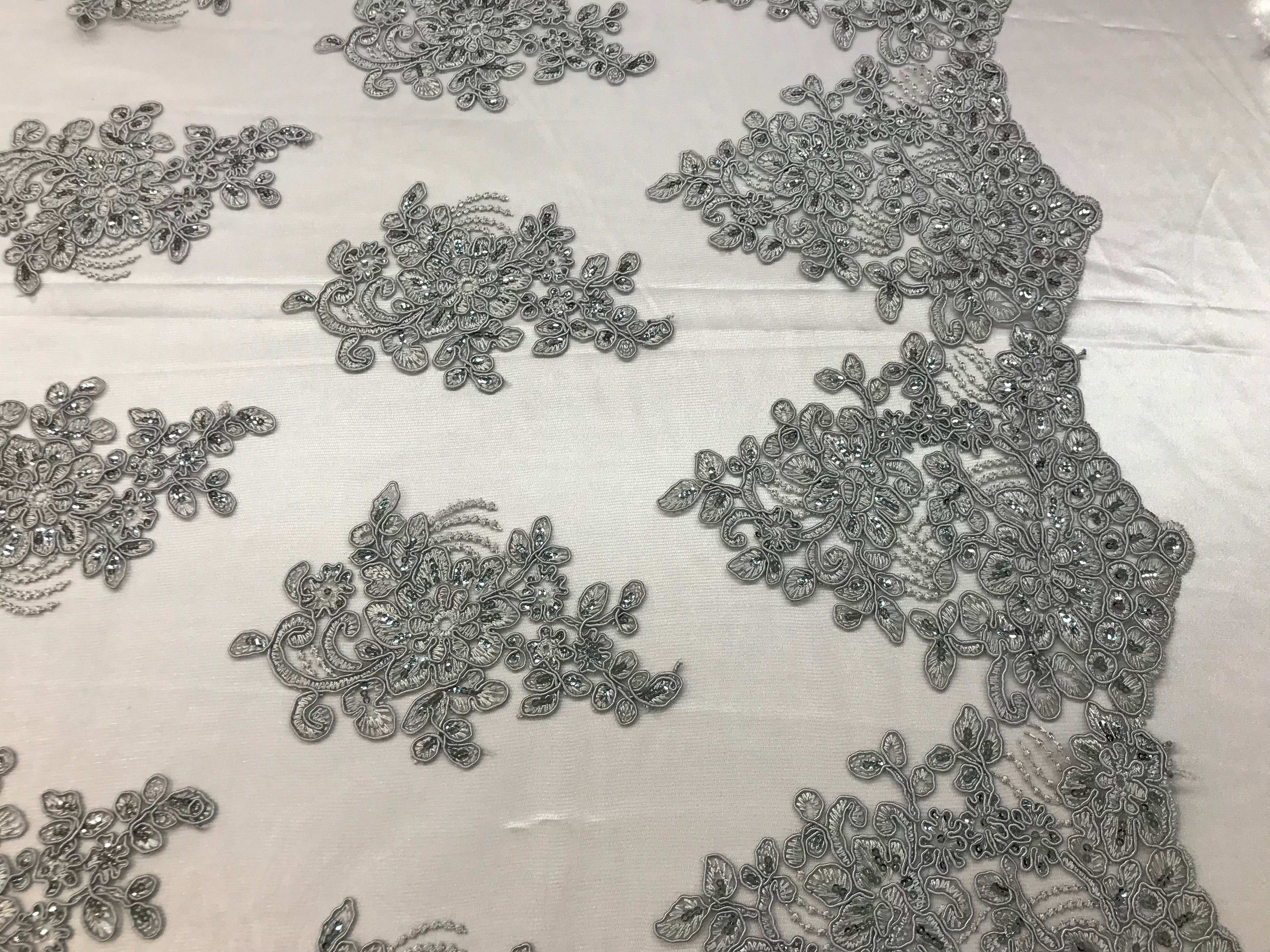 Flower Lace Fabric - Silver - Floral Clusters Embroidered Lace Mesh Fabric Sold By The Yard