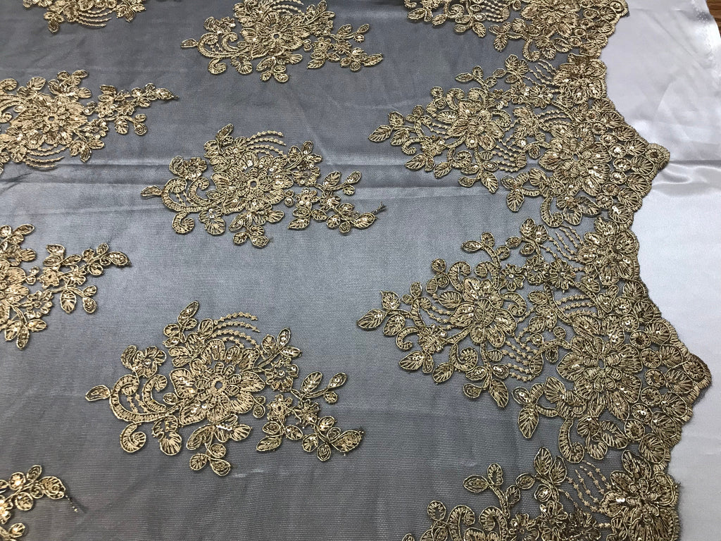 Flower Lace Fabric - Gold on Black - Floral Clusters Embroidered Lace Mesh Fabric Sold By The Yard