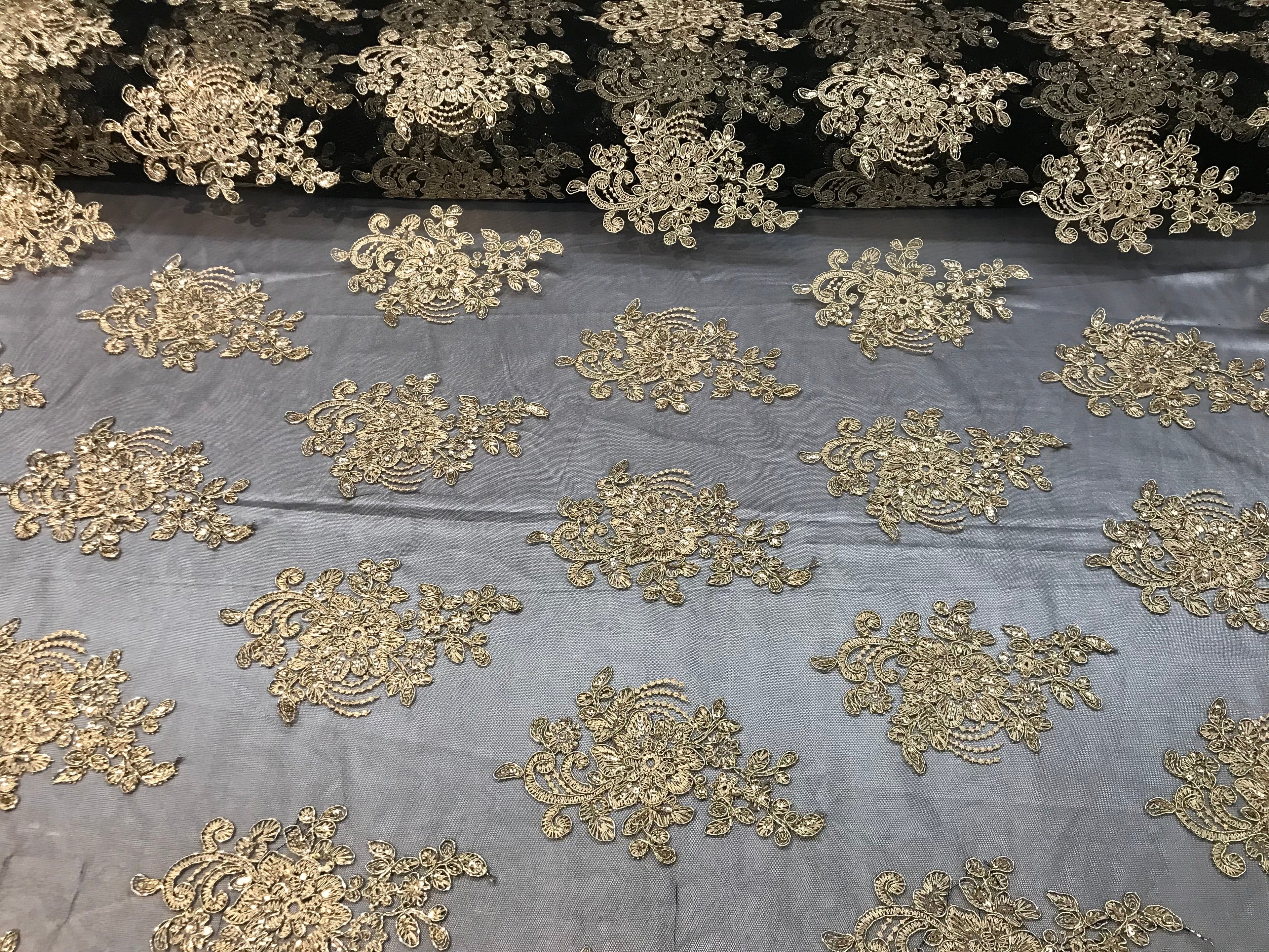 Flower Lace Fabric - Gold on Black - Floral Clusters Embroidered Lace Mesh Fabric Sold By The Yard