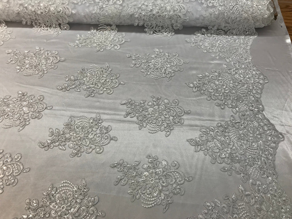 Flower Lace Fabric - White - Floral Clusters Embroidered Lace Mesh Fabric Sold By The Yard