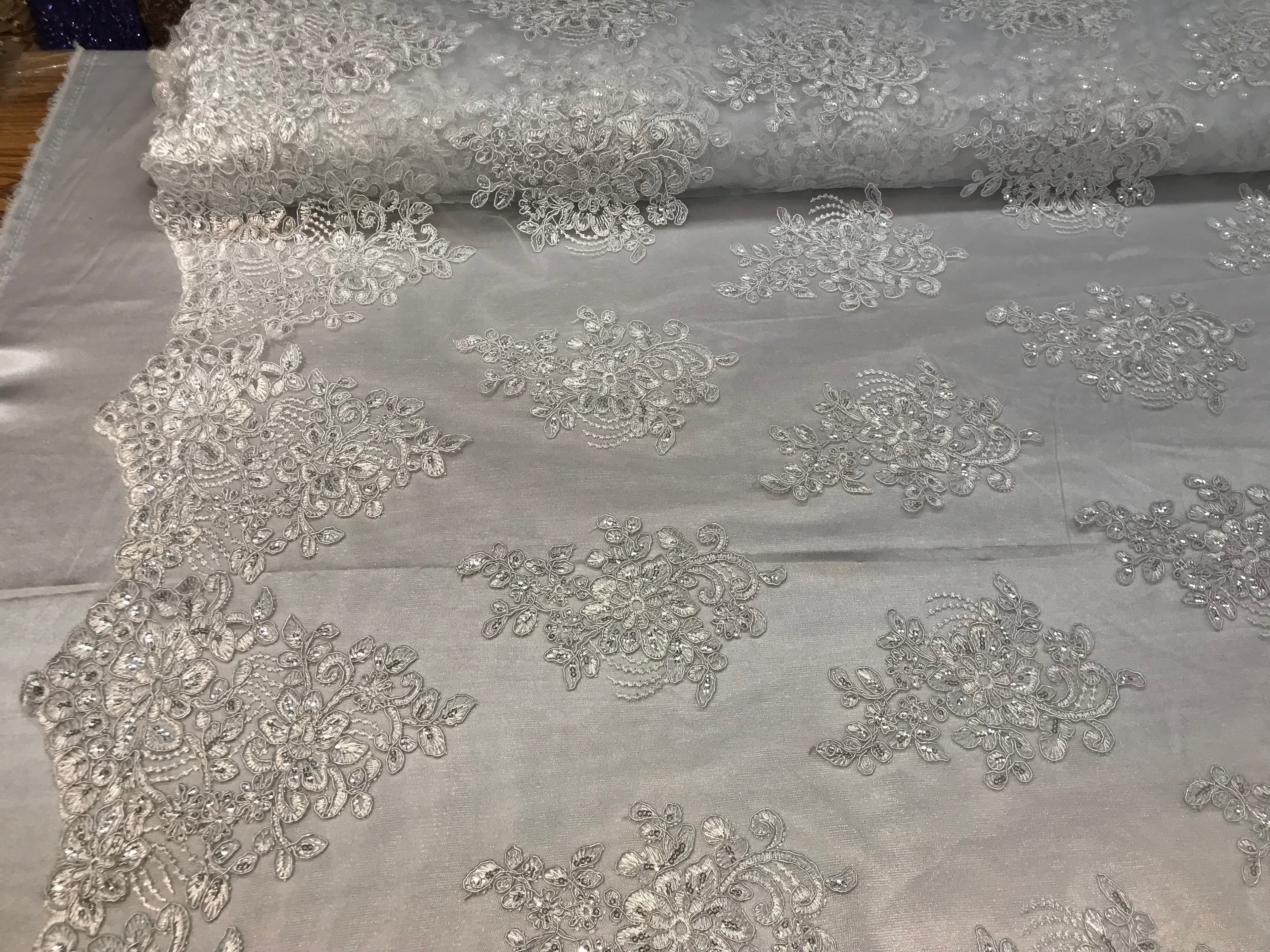 Flower Lace Fabric - White - Floral Clusters Embroidered Lace Mesh Fabric Sold By The Yard