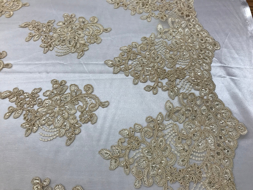 Flower Lace Fabric - Light Beige - Floral Clusters Embroidered Lace Mesh Fabric Sold By The Yard