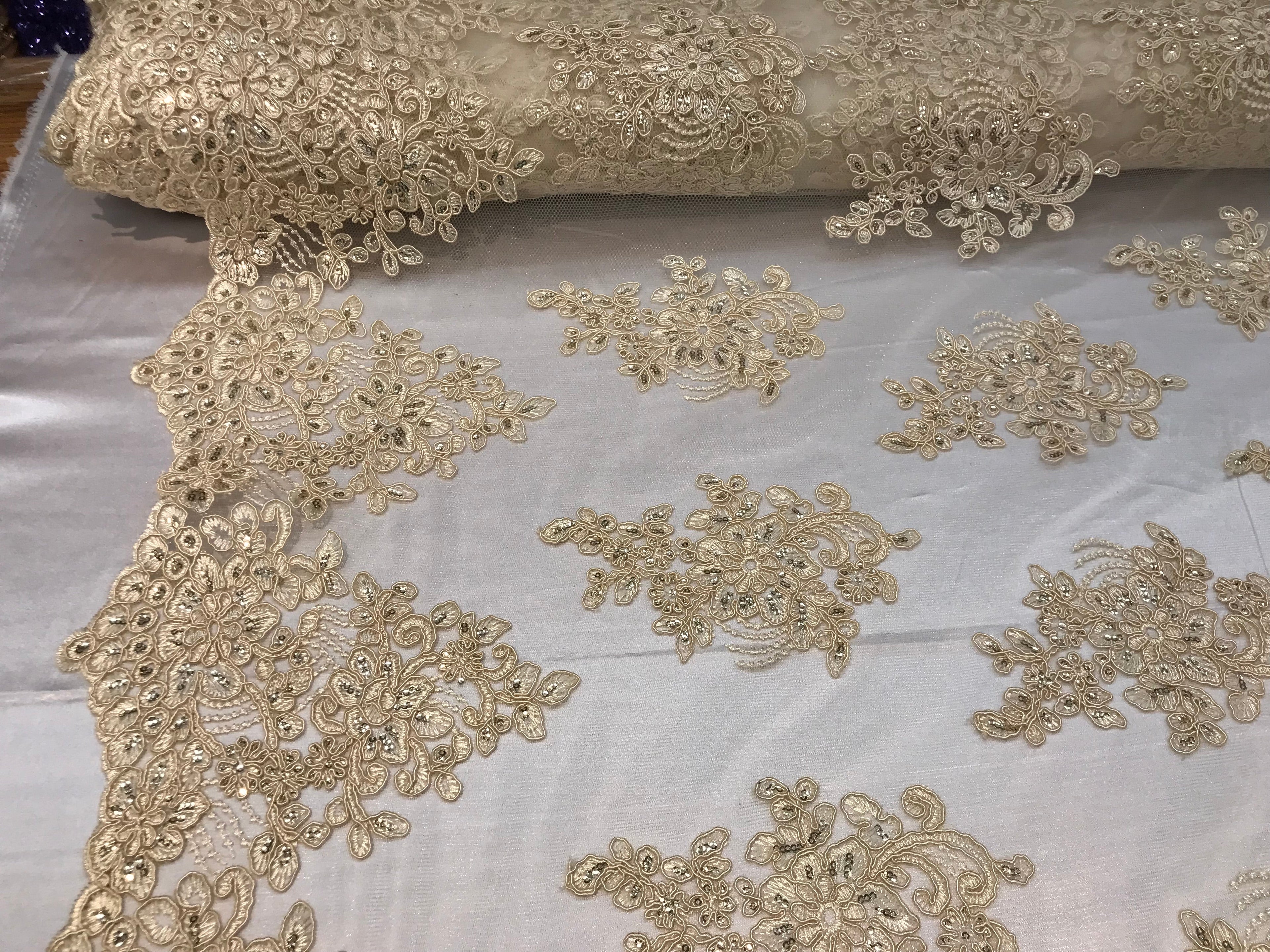 Flower Lace Fabric - Light Beige - Floral Clusters Embroidered Lace Mesh Fabric Sold By The Yard