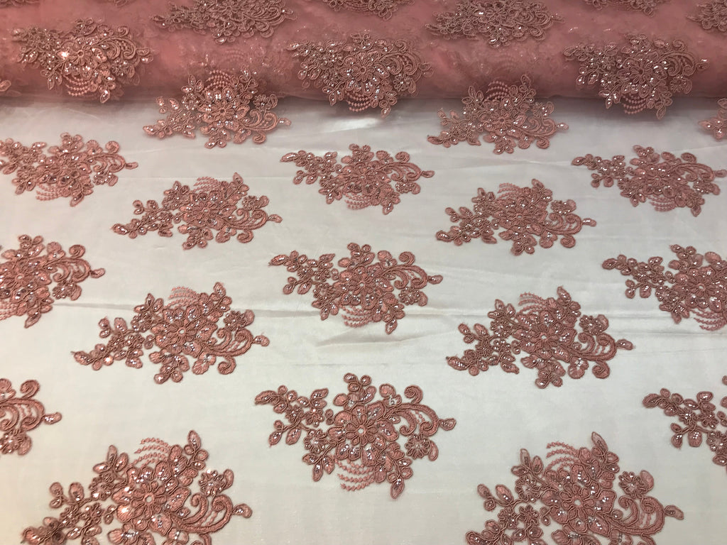 Flower Lace Fabric - Mauve - Floral Clusters Embroidered Lace Mesh Fabric Sold By The Yard