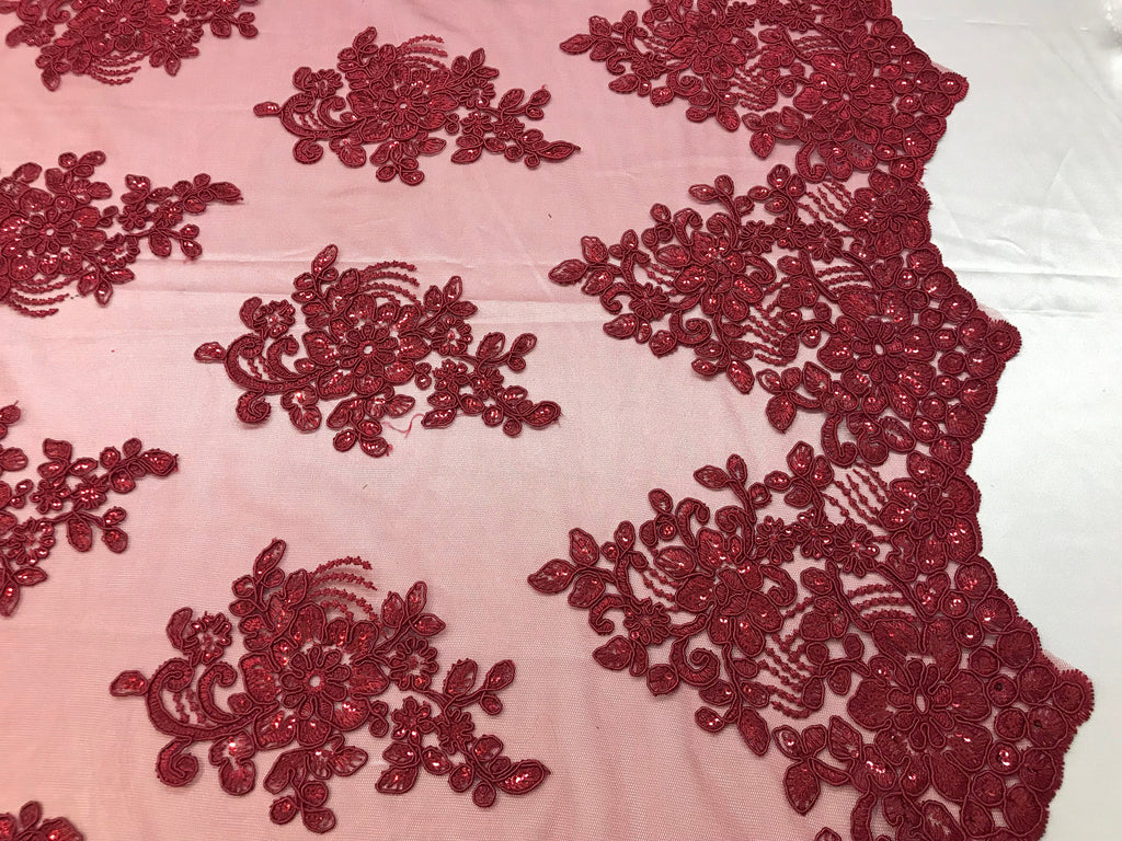 Flower Lace Fabric - Burgundy - Floral Clusters Embroidered Lace Mesh Fabric Sold By The Yard