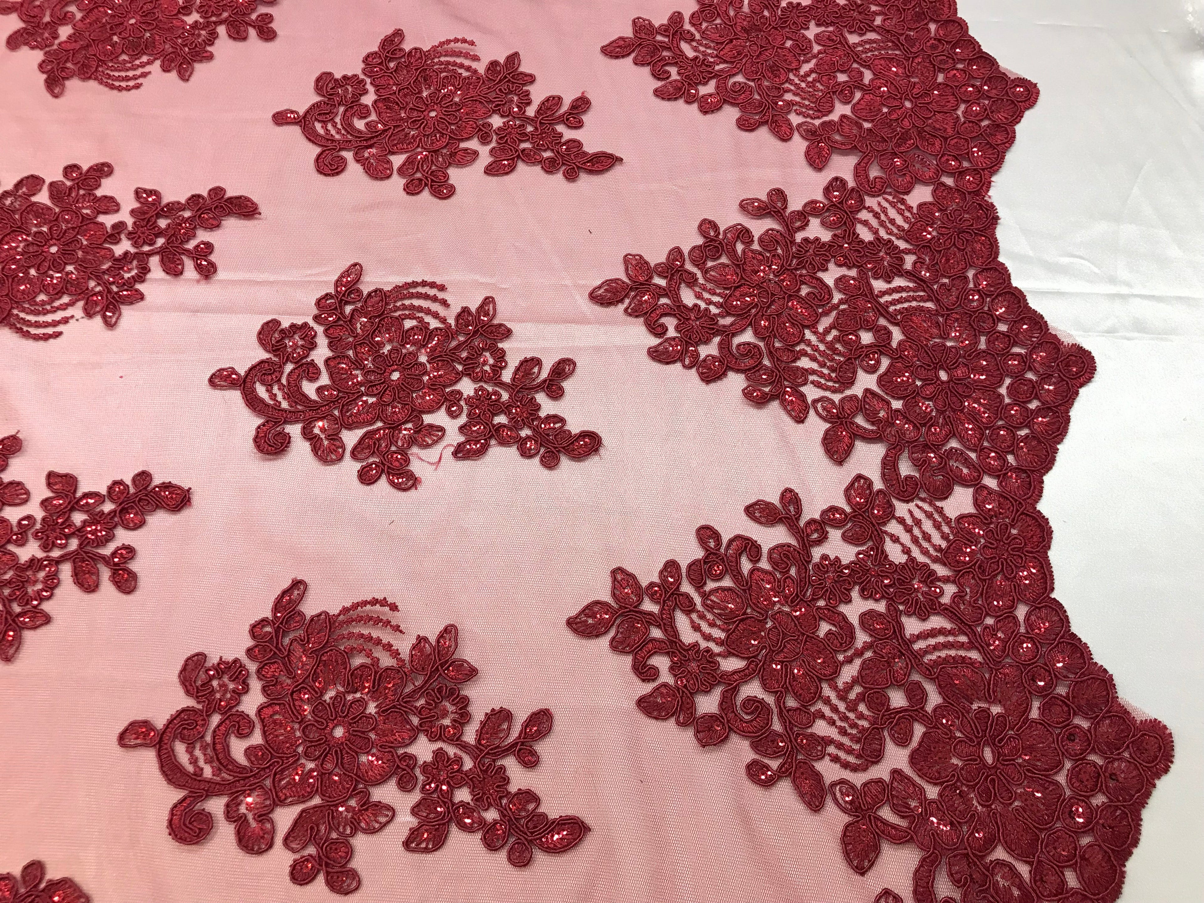 Flower Lace Fabric - Burgundy - Floral Clusters Embroidered Lace Mesh Fabric Sold By The Yard