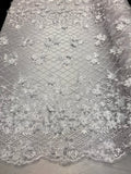 3D Floral Design - Ivory - Embroidered 3D Flowers on Triangle Net Mesh Sold By The Yard
